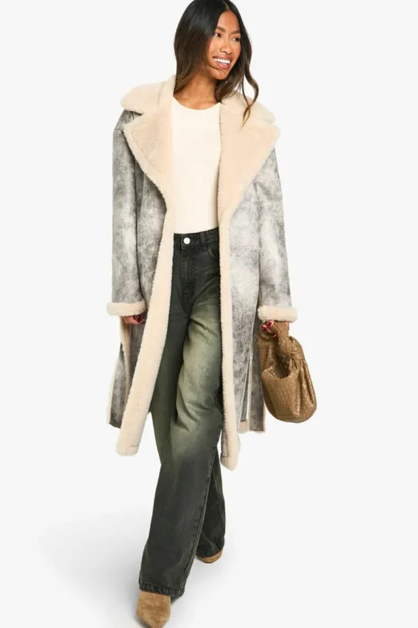 boohoo Vintage Look Longline Belted Aviator Jacket | Women Shirts | Foundation