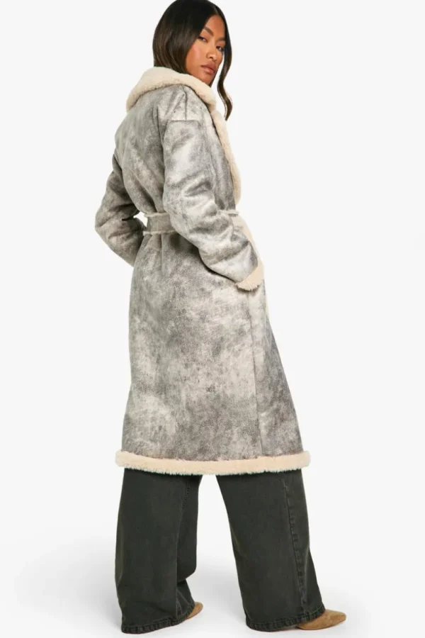 boohoo Vintage Look Longline Belted Aviator Jacket | Women Shirts | Foundation