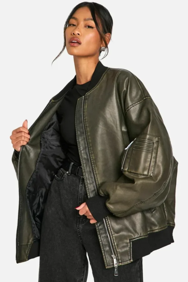 boohoo Vintage Look Oversized Faux Leather Bomber Jacket | Women Shirts | Foundation