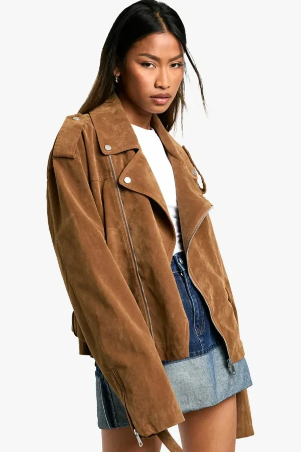 boohoo Vintage Suede Look Oversized Biker Jacket | Women Shirts | Foundation