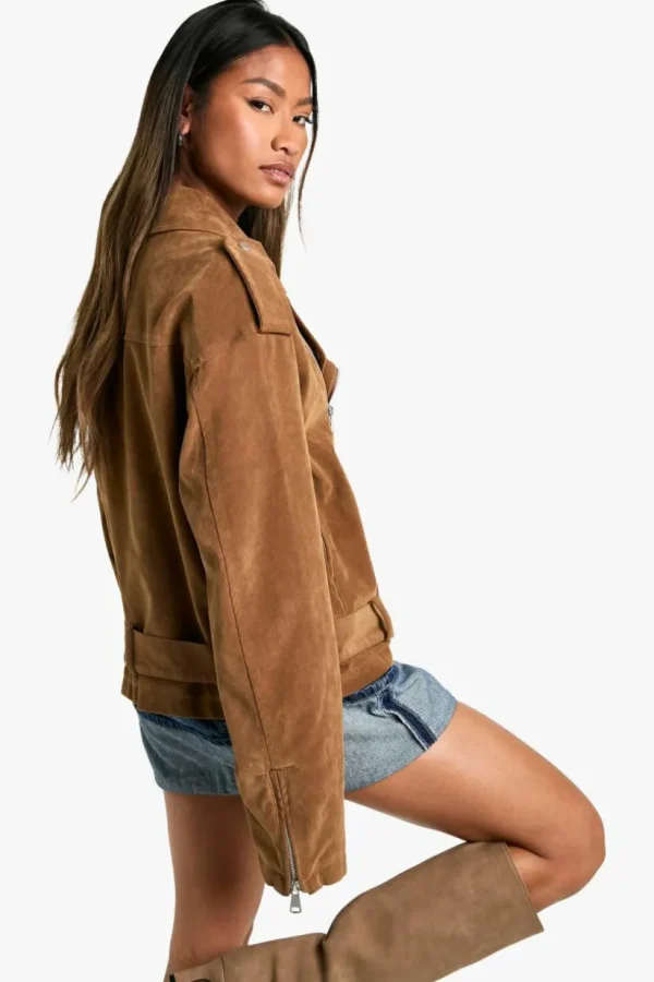 boohoo Vintage Suede Look Oversized Biker Jacket | Women Shirts | Foundation