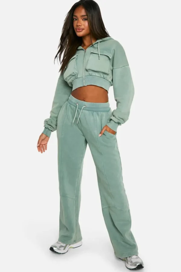 boohoo Washed Cargo Pocket Boxy Crop Hooded Tracksuit | Women Shirts | Foundation