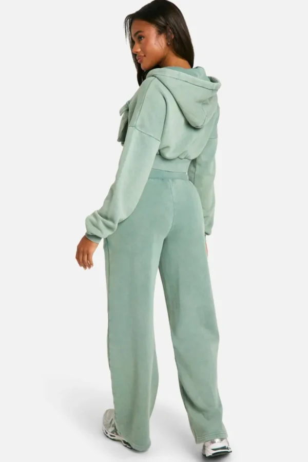 boohoo Washed Cargo Pocket Boxy Crop Hooded Tracksuit | Women Shirts | Foundation