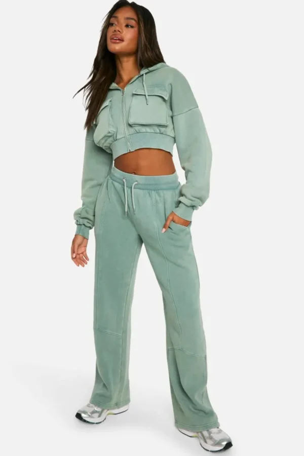 boohoo Washed Cargo Pocket Boxy Crop Hooded Tracksuit | Women Shirts | Foundation