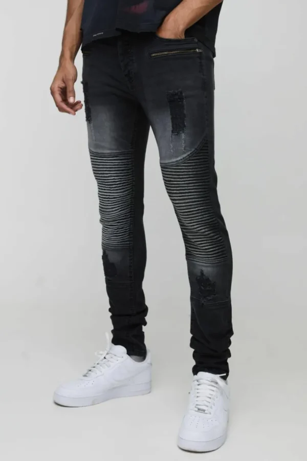 boohooMAN Washed Zip Biker Distressed Skinny Jeans | Denim | Going Out Denim