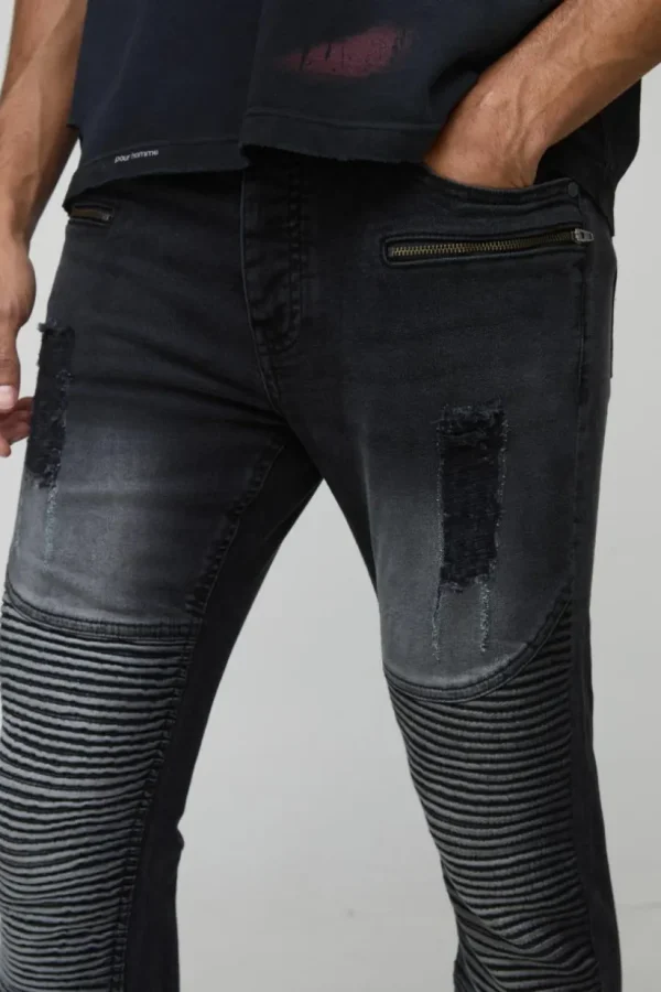 boohooMAN Washed Zip Biker Distressed Skinny Jeans | Denim | Going Out Denim