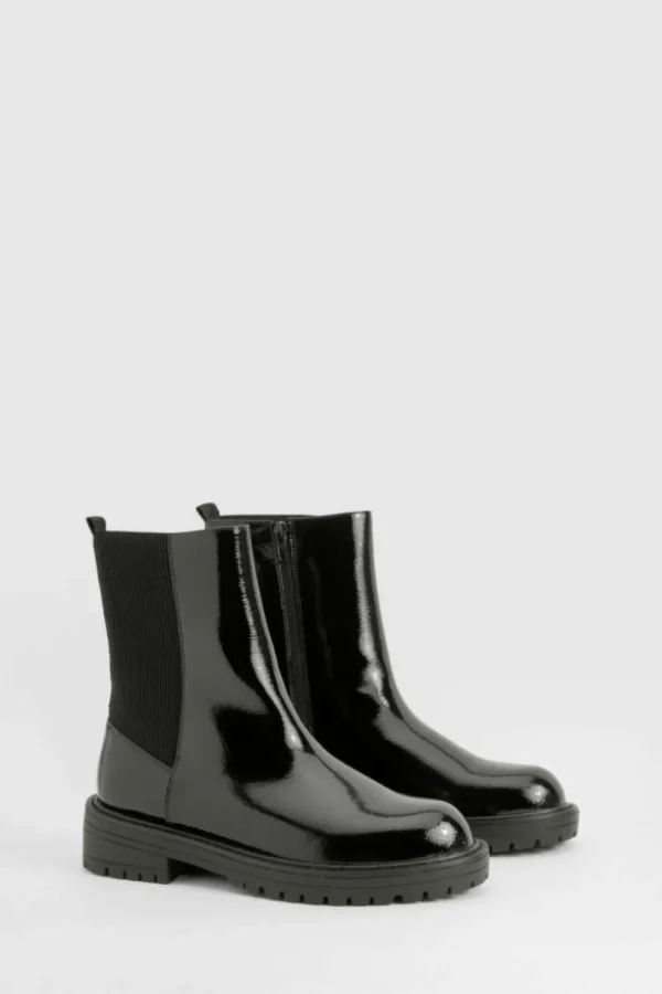 boohoo Wide Fit Ankle Detail Textured Patent Chelsea Boots | Women Shirts | Foundation