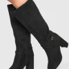 boohoo Wide Fit Buckle Detail Heeled Knee High Boots | Women Shirts | Foundation