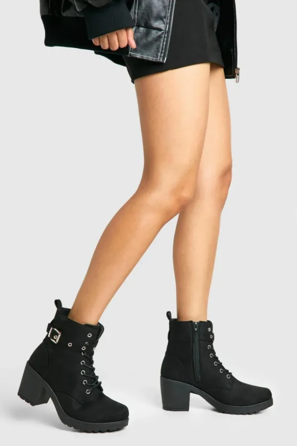 boohoo Wide Fit Faux Suede Buckle Lace Up Chunky Hiker Boots | Women Shirts | Foundation