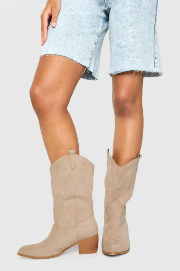 boohoo Wide Fit Faux Suede Tab Detail Ankle Cowboy Western Boots | Women/BOY Shirts | Foundation