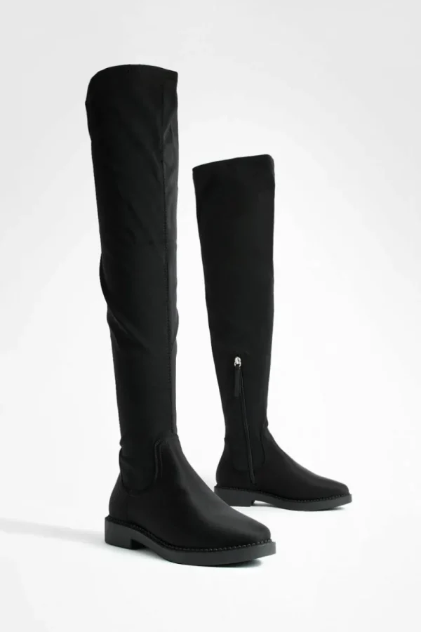 boohoo Wide Fit Flat Stretch Over The Knee Boots | Women Shirts | Foundation