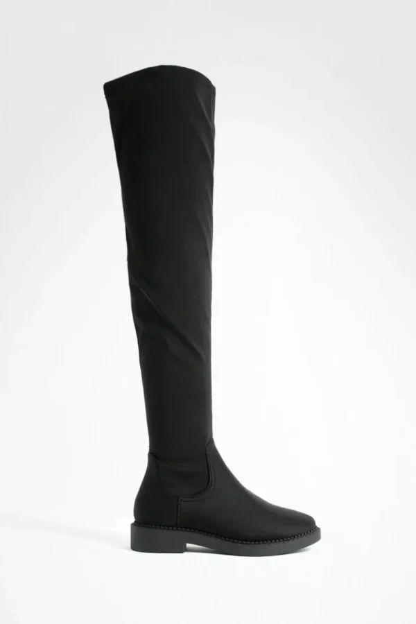 boohoo Wide Fit Flat Stretch Over The Knee Boots | Women Shirts | Foundation