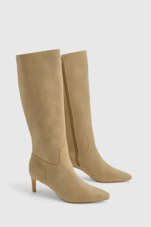 boohoo Wide Fit Nubuck Knee High Low Heeled Boots | Women Shirts | Foundation