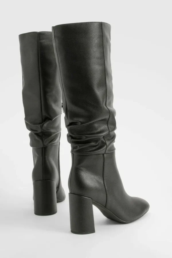 boohoo Wide Fit Textured Ruched Heeled Knee High Boots | Women Shirts | Foundation