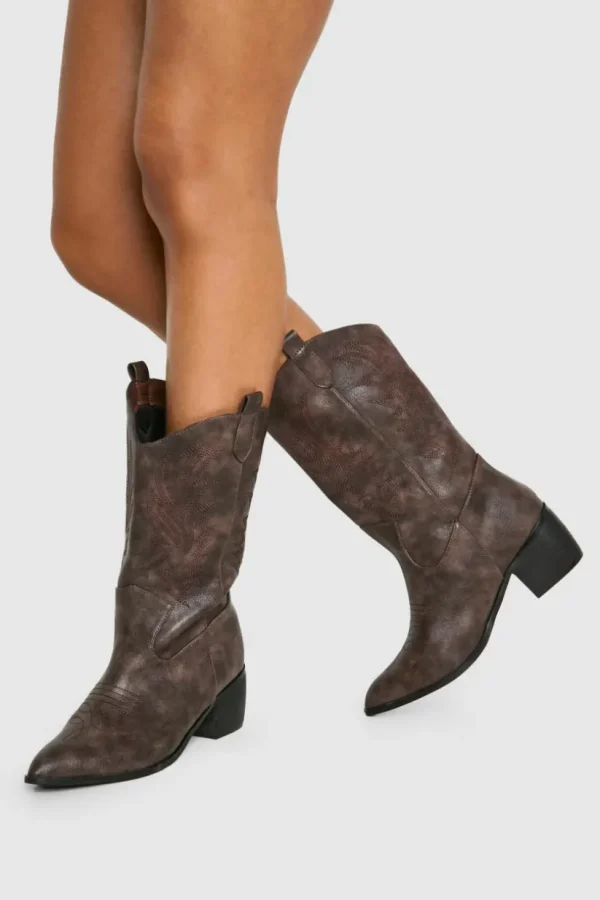 boohoo Wide Fit Vintage Look Tab Detail Ankle Cowboy Western Boots | Women/BOY Shirts | Foundation