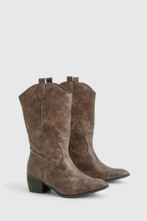 boohoo Wide Fit Vintage Look Tab Detail Ankle Cowboy Western Boots | Women/BOY Shirts | Foundation