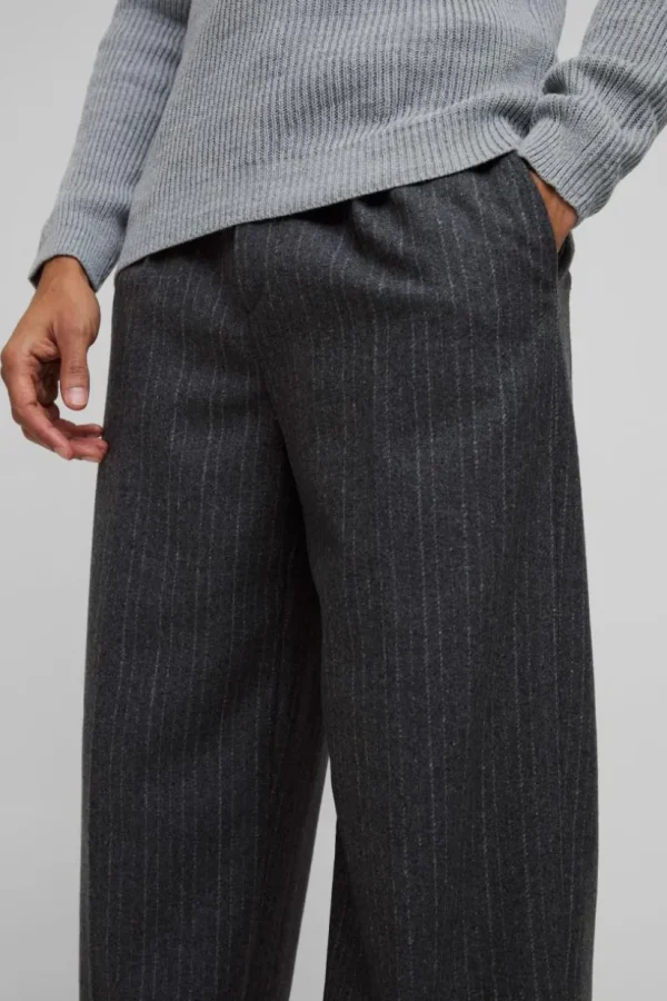 boohooMAN Wide Leg Pinstripe Wool-Look Tailored Trousers | Trousers