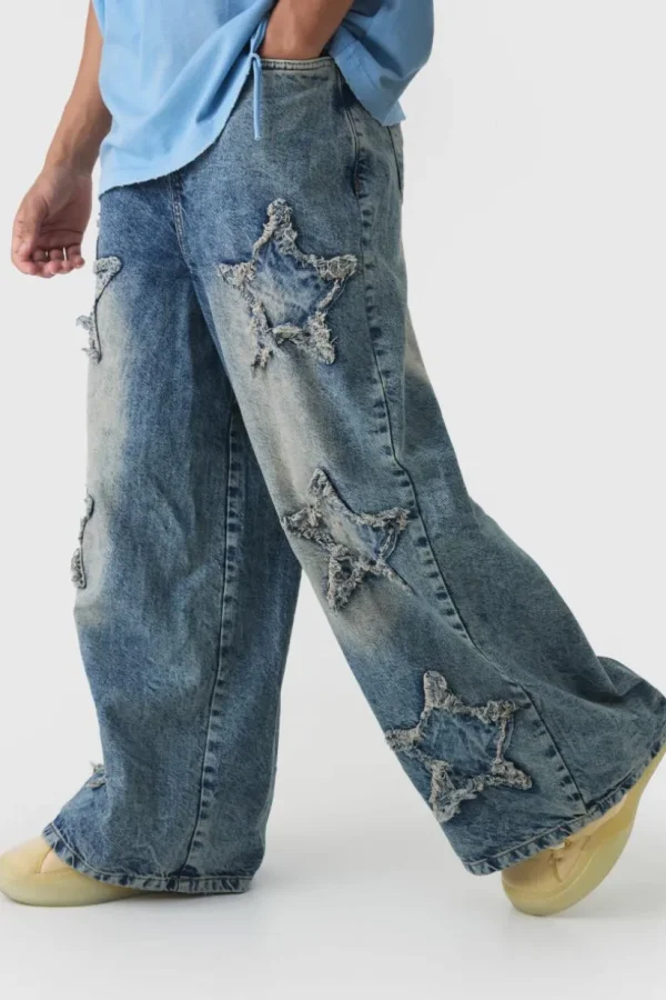 boohooMAN Wide Leg Rigid Star Distressed Applique Jeans | Denim | Going Out Denim