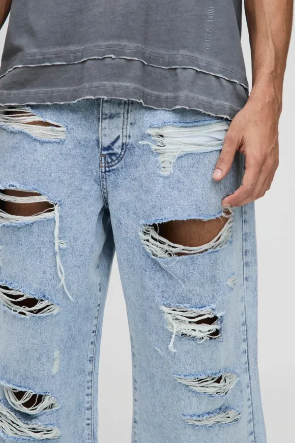 boohooMAN Wide Leg Skater All Over Ripped Distressed Jeans | Denim | Going Out Denim