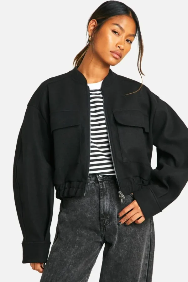 boohoo Wool Look Double Zip Bomber Jacket | Women Shirts | Foundation