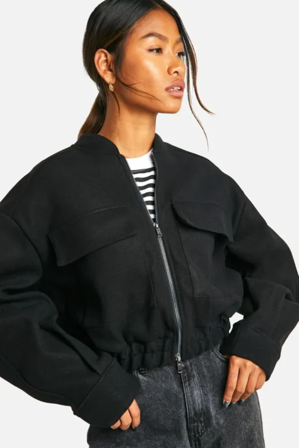 boohoo Wool Look Double Zip Bomber Jacket | Women Shirts | Foundation