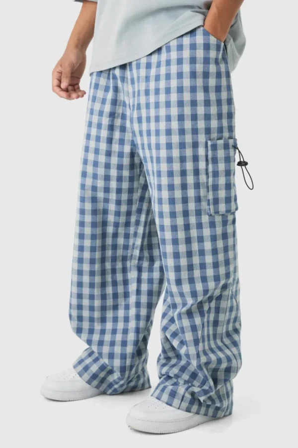 boohooMAN Woven Check Parachute Cargo Trousers | Trousers