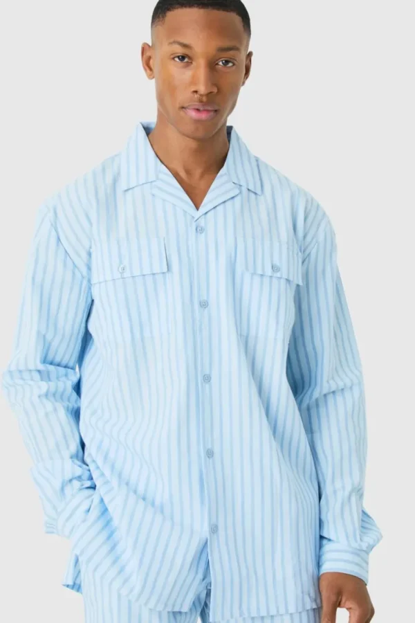 boohooMAN Woven Stripe Lounge Shirt | Loungewear