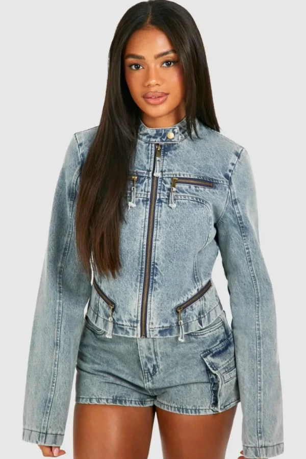 boohoo Zip Detail Slim Fit Denim Moto Jacket | Women Shirts | Foundation